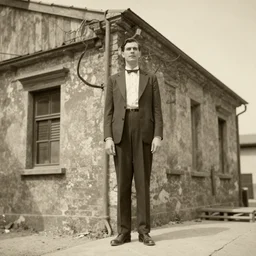 “ a very very very tall man as tall as a building, 1 9 4 0 s photograph ”