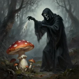 the grim reaper pulling the soul out of a humanoid mushroom. Dark fantasy horror painting by Gerald Brom. Trending on artstation