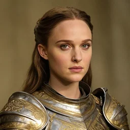 head and shoulders portrait of a female knight, young natalie portman, golden etched armor, lord of the rings, celtic hair braid, eldritch ruby amulet, by artgerm, alphonse mucha, face detail, etched breastplate, sharp focus, high key lighting, vogue fashion photo