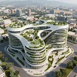 aerial view of zaha hadid kibbutz terraformation project, with biomimetic architecture, vertical vegetable gardens, solar panels, desert oasis, XF IQ4, 150MP, 50mm, F1.4, ISO 200, 1/160s, natural light