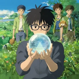 a man with his face hidden by hair wearing glasses holds up a crystal ball with mathematical symbols, makoto shinkai, cinematic, panoramic, tim white, michael whelan, roger dean, bob eggleton, featured on pixiv, environmental art, official art, anime, movie poster