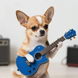chihuahua dog with big ears playing the blues guitar