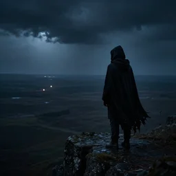 a dark and stormy night. a lone figure stands at the edge of a cliff, looking out over a vast and empty landscape. in the distance, a single light can be seen flickering in the darkness. the figure is cloaked in a tattered black cape, and his face is hidden by a hood.