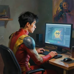 an insanely detailed painting of an asian man wearing a homemade superhero costume, sitting at a desk, staring seriously at the computer and typing, in the style of james jean, dramatic lighting and composition, surreal background, octane render, pixar, trending on artstation, concept art, comic book, view from behind, 8 k
