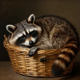 a racoon sleeping in basket as painting of caravaggio, detailled photo, realistic, soft light
