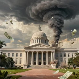 A tornado of cash hitting a government building, landscape art, concept art, intense