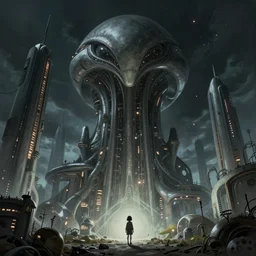 beautiful low angle painting of an alien world with sleek architecture in the style of junji ito, steampunk, ultra detailed, a tiny girl watching on, elegant, artstation, cinematic lighting, glowing light and shadows, trending on artstation, octane render