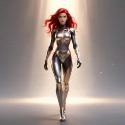 vfx, octane render, zbrush, one beautiful anatomically correct woman, wearing spandex armour with flowing red hair and green eyes, super hero full body, walking towards the camera, volumetric lightning, highly detailed, concept art, art station, center of picture.