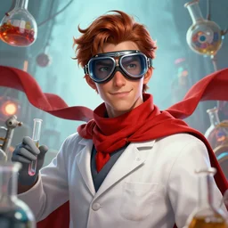 a ( man personified as a chemist ), beauty portrait, fantasy chemistry, aviator goggles, red scarf, cape, digital art by krenz cushart, laurie greasly, wlop, artgerm, intricate, highly detailed, sharp focus, smooth, epic composition, joyful, unreal engine