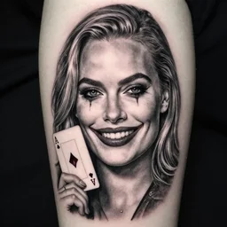 tattoo design of beautiful margot robbie slightly smiling with joker makeup on the mouth and holding ace card, in the style of den yakovlev, realistic face, black and white, realism tattoo, hyper realistic, highly detailed