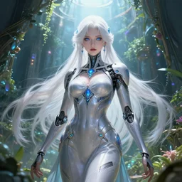 holy cyborg necromancer girl, elegant, scifi, futuristic, utopia, garden, illustration, atmosphere, top lighting, blue eyes, white hair, beautiful, artstation, highly detailed, art by yuhong ding and chengwei pan and serafleur and ina wong