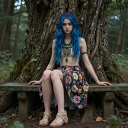 dslr photo of a pretty young woman who is part tree and part woman, full bodied portrait with blue hair, sitting on a bench wearing a flower skirt, and body and wearing hemp sandals and a very detailed faerie necklace around neck, artgerm, artstation, very high quality face, intricate details, extremely high quality, moody lighting, real camera, real photo, photography by deviantart, 8 k, full subject in shot