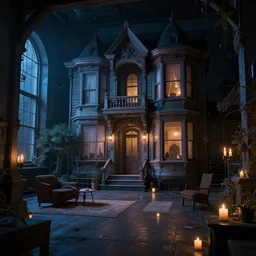 A cozy old victorian loft with candles, cold cinematic and atmospheric lighting, very coherent, highly detailed, concept art, trending on artstation