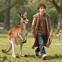 pete davidson walking a kangaroo in the style of michael cheval, 4 k, hyper detailed, trending on artstation, photorealistic, volumetric lighting, octane render,