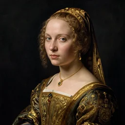 half - length portrait of young woman in medieval dress, art by jan van eyck,