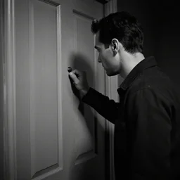 The last man on earth hears a knock on the door. Film Noir. High Contrast. Black and White.