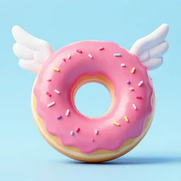 3 d render of a donut with pink icing and sprinkles flying with wings. light blue background