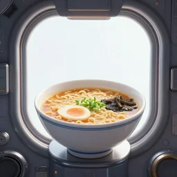 a bowl of ramen in front of a spaceship window looking out towards the planets, 7 0 s, 1 9 7 0 s scifi illustration, by arthur c clarke