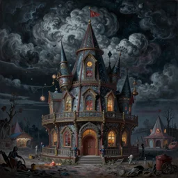 ultra realist soft painting of a curiosities carnival by night, nightmare fuel, omnious sky, symmetry accurate features, very intricate details, film noir, volumetric clouds, desolated world, Tom Bagshaw