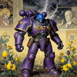 composition gothic of and futuristic, warhammer, cyber armor, scars, thunderstorm, blue head, purple, yellow, juice, many mechflowers, the middle ages, highly detailed, artstation, in the style of moebius, jugendstil and classic japanese print, art by rene magritte, jean delville