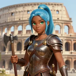 frontview portrait of gladiator warrior lady, young, beautiful, dark skin, light blue hair, ponytail, big open green eyes, cute, heavy brown armor, axes, posing, coliseum background, love interest, highly detailed, smooth, sharp focus, digital painting, artgerm and greg rutkowski and alphonse mucha