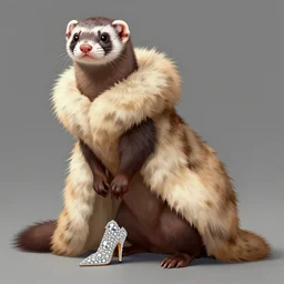 detailed illustration : ferret character : wearing a stravagant fur dress : wearing diamonds stiletto : head torso legs : behance artstation