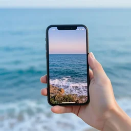 hand holding a phone in the middle of the sea