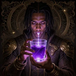 future the rapper holding cup of codeine, purple liquid in cup glowing, fantasy, dramatic, intricate, elegant, highly detailed, digital painting, artstation, concept art, smooth, sharp focus, illustration, art by Gustave Dore, octane render