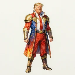 concept art of donald trump as a fire emblem character, colour splash, detailed full body watercolour illustration by Yusuke Kozaki and Hidari