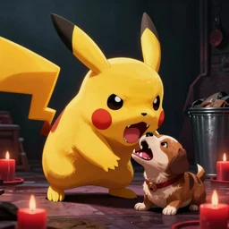 pikachu devouring a dog, sharp teeth burtal eyes scary mouth dark room red candles trash bin