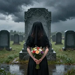 a beautiful detailed realistic matte painting close - up portrait of a girl standing wearing a black dress and black veil, view from behind, holding a bouquet of flowers, standing in front of a large tombstone, centered, by peter mohrbacher and john atkinson grimshaw and andreas rocha and lee madgwick, dark stormy rain clouds, heavy downpour rain, puddles on ground, unreal engine, trending on artstation, 4 k hd wallpaper, 8 k, cohesive, well composed, barometric projection, rectilinear
