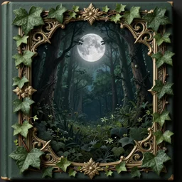 book cover, symmetrical ivy on frames, high quality fantasy stock photo, unsplash transparent, forest and moon, intricate detail, elegant, hyper realistic, ultra detailed, octane render, volumetric cinematic lighting, 8 k, post - production