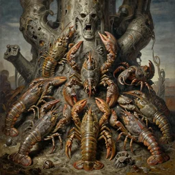 painting of varied filthy rugated armored crustaceans clawing & terrified as massive brutalist structure, claustrophobically grotesques clustered by vincente b ballestar, by francesco blanc, & by jack gaughan high resolution, hyper detailed, cinematic, ornate masterpiece, shot on imax with full frame on signature prime lens