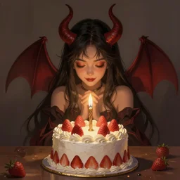 the spawn of Satan gets a lovely birthday cake. Digital painting, artstation, high quality, 4k