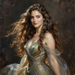 portrait of a female wizard in flowing sensual dress, long flowing hair, delicate, looking at camera, slightly smiling, realistic face, stylish, elegant, extremely detailed painting inspired by Gerald Brom and Simon Stalenhag, studio lighting