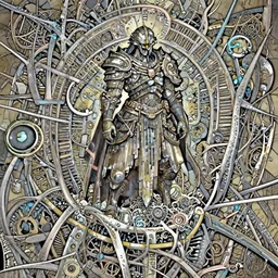 a ancient biopunk warrior standing on top of collapsing eldritch nest, intricate details, by Masanori Warugai, raytracing