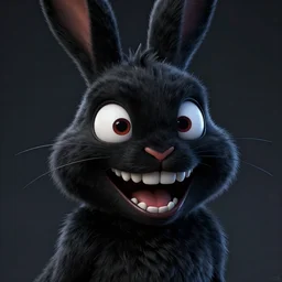 A extremely highly detailed majestic hi-res beautiful, highly detailed head and shoulders portrait of a scary terrifying, horrifying, creepy black cartoon rabbit with scary big eyes, laughing in the style of Walt Disney