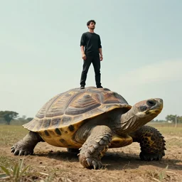 photo of a man standing on a giant turtle