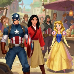 captain america, mulan, rapunzel, in a crowded marketplace, sketches