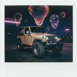 abstract grainy polaroid of an itasha 1997 Jeep surrounded by massive floating ferrofluid, neon night, octane render, photorealistic, dark, atmospheric, insanely detailed, lights and shadows