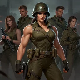 portrait of a very beautiful female bodybuilder ww ii soldier in team fortress 2 style, epic, tragic, dark fantasy art, fantasy, pretty, hd shot, digital portrait, beautiful, artstation, comic style, by artgerm, guy denning, jakub rozalski, magali villeneuve and charlie bowater