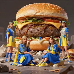 group of ukrainian girls with blue and yellow clothes near big ruined burger, concept art, trending on artstation, highly detailed, intricate, sharp focus, digital art, 8 k