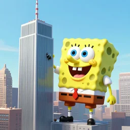 giant sized spongebob squarepants destroying the twin towers in new york city