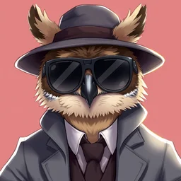 an anthropomorphic owl wearing mechanical sunglasses, grey suit and long hat, by kawacy, trending on pixiv, anime, furry art, trending on furaffinity, mafia member