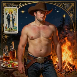 a dramatic, epic, ethereal painting of a handsome thicc shirtless short-haired cowboy with a beer belly wearing a large belt | background is a late night campfire with food and jugs of whisky | homoerotic | fire, flames, stars, tarot card, art deco, art nouveau | by Mark Maggiori ((((and Alphonse Mucha)))) | trending on artstation