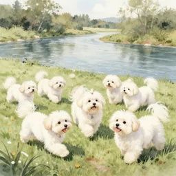 “a Chinese watercolor painting of a herd of Havanese dogs playing in front of a river”