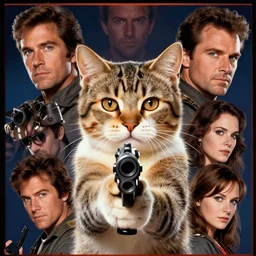 poster for an 9 0 s action film where the main character is a cat holding a gun, perfect faces high detail portraits
