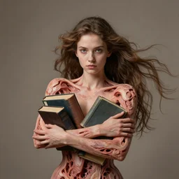 a girl with books coming out from her arms, under the skin, ultradetailed, hair flowing down, 8 k, hyperrealistic, hyperdetailed, fantasy portrait by laura sava