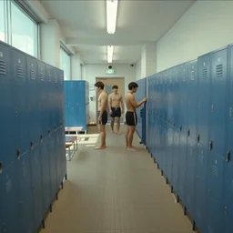 home video footage, hallway leading to locker rooms in a public swimming pool facility in japan, three person ; daylight, summer, color vhs picture quality