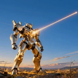 armored core v, laser beam ; outdoor, pure blue sky, wilderness ground, golden time, twilight ; scifi, glowing lights intricate elegant, highly detailed, digital painting, artstation, concept art, smooth, sharp focus, thin glowing wires, illustration ; art by artgerm and greg rutkowski and alphonse mucha, singularity